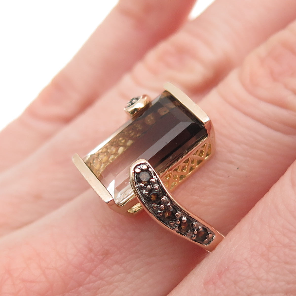 925 Sterling Silver Gold Plated Real Smoky Quartz Bypass Ring Size 6.25