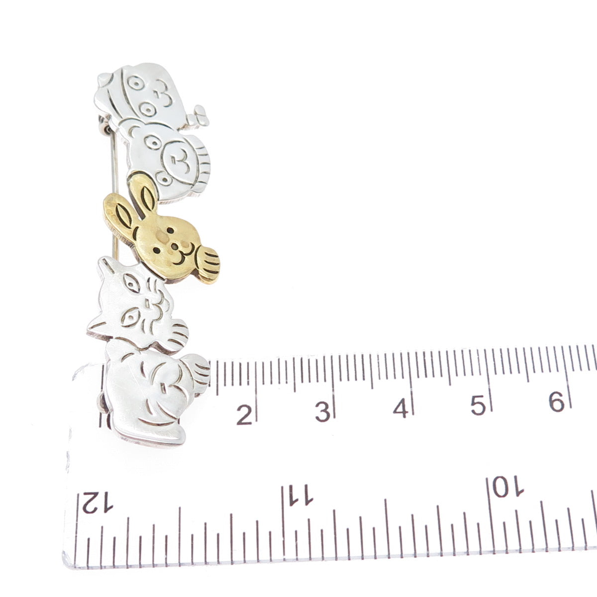 925 Sterling Silver 2-Tone Vintage Mexico Cat Dog Bear Rabbit Cartoon Pin Brooch