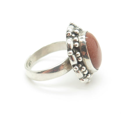 925 Sterling Silver Vintage Real Goldstone Gem Ethnic Ring Size 7.75