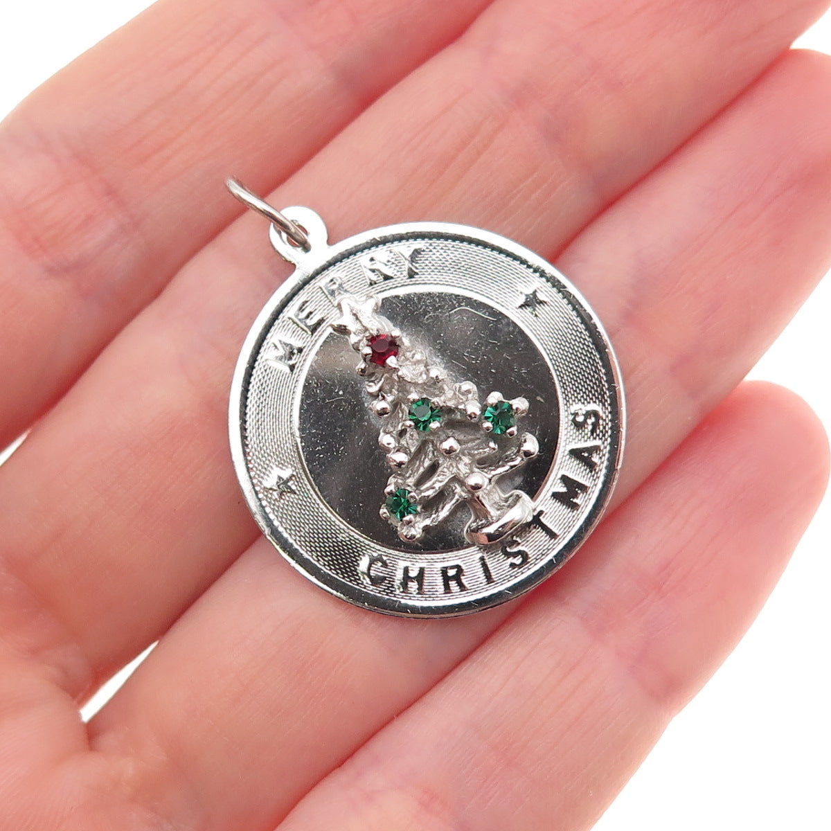 925 Sterling Silver Vintage Rhinestone Merry Christmas Tree Charm Pendant