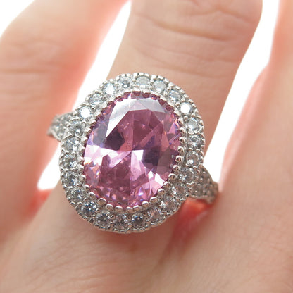 925 Sterling Silver Oval-Cut Pink & Round-Cut White C Z Ring Size 7.75