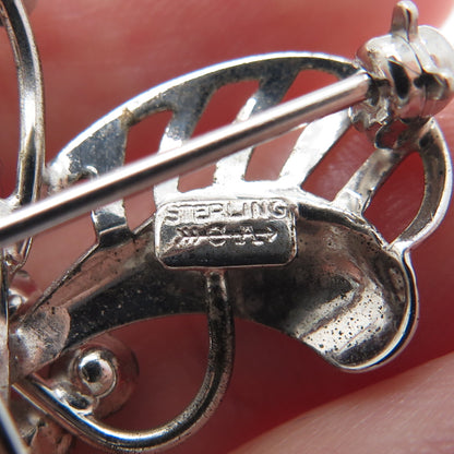 CARL ART 925 Sterling Silver Antique Art Deco Rhinestone Floral Pin Brooch