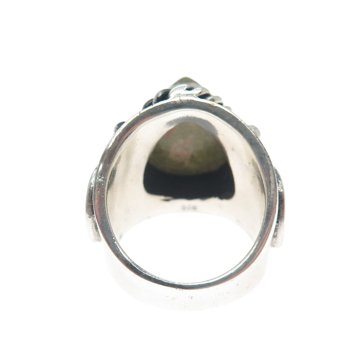 925 Sterling Silver Vintage Real Pear-Cut Unakite Heart Oxidized Ring Size 8.75