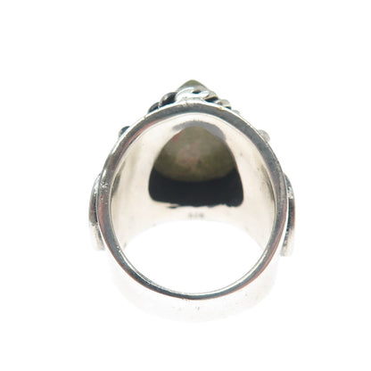 925 Sterling Silver Vintage Real Pear-Cut Unakite Heart Oxidized Ring Size 8.75