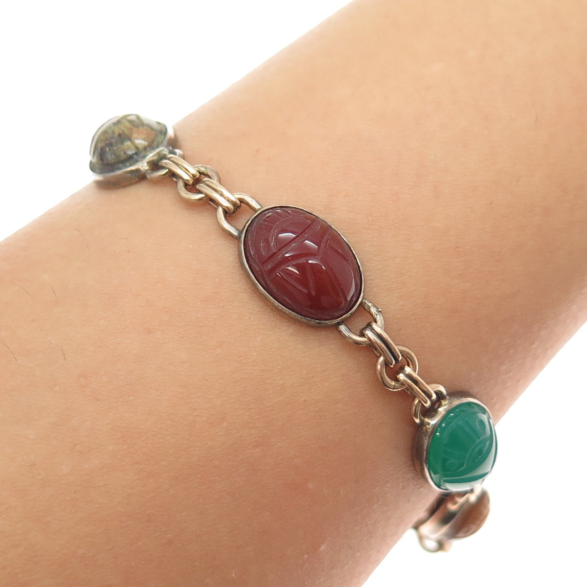SYMMETALIC 1/20 14K Gold Filled 925 Sterling Antique Real Muti-Gem Bracelet 7"