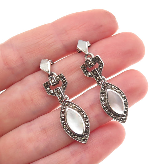 925 Sterling Silver Vintage Real MOP & Marcasite Oxidized Dangle Earrings