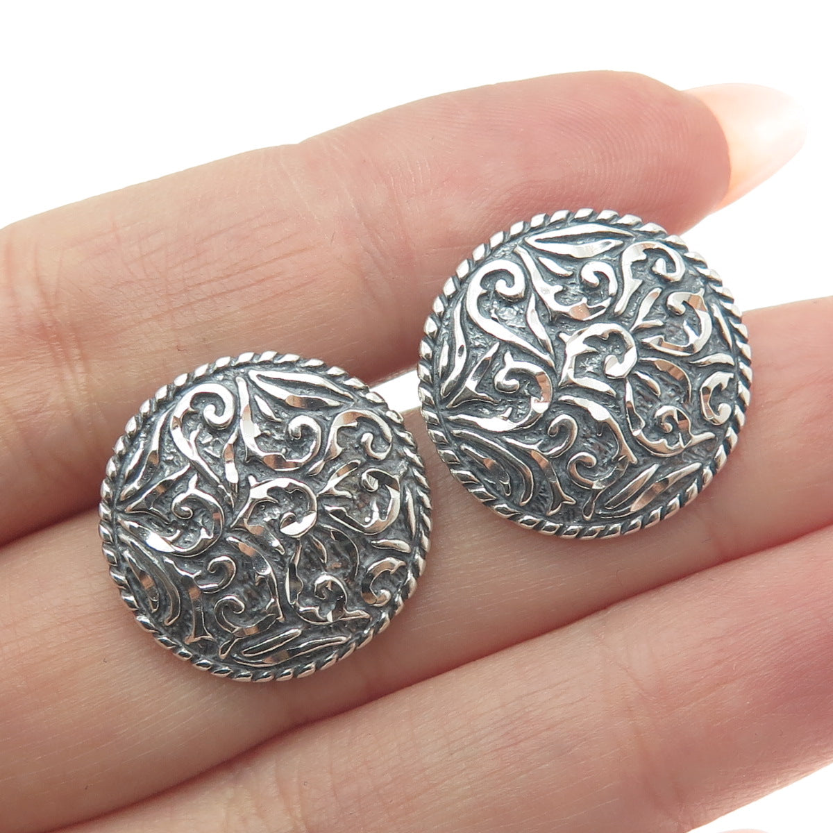 CAROLYN POLLACK 925 Sterling Silver Vintage Ornate Round Earrings