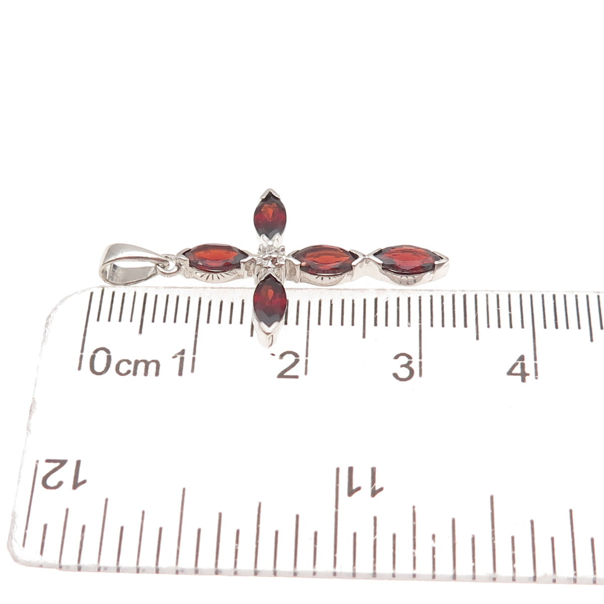925 Sterling Silver Real Diamond Accent & Red Garnet Cross Charm Pendant