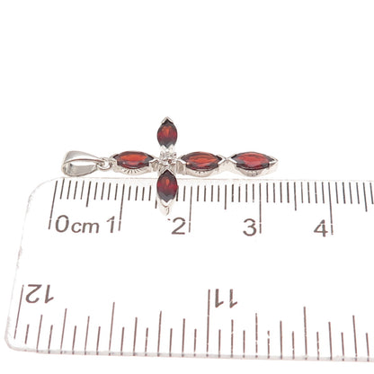 925 Sterling Silver Real Diamond Accent & Red Garnet Cross Charm Pendant