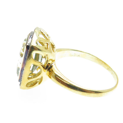 925 Sterling Silver Gold Plated White Diamond & Blue Topaz Gem Ring Size 8.75