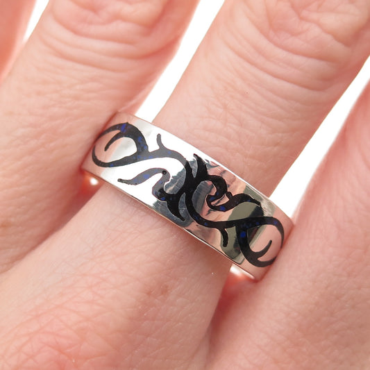 925 Sterling Silver Vintage Enamel Floral Ornate Band Ring Size 13