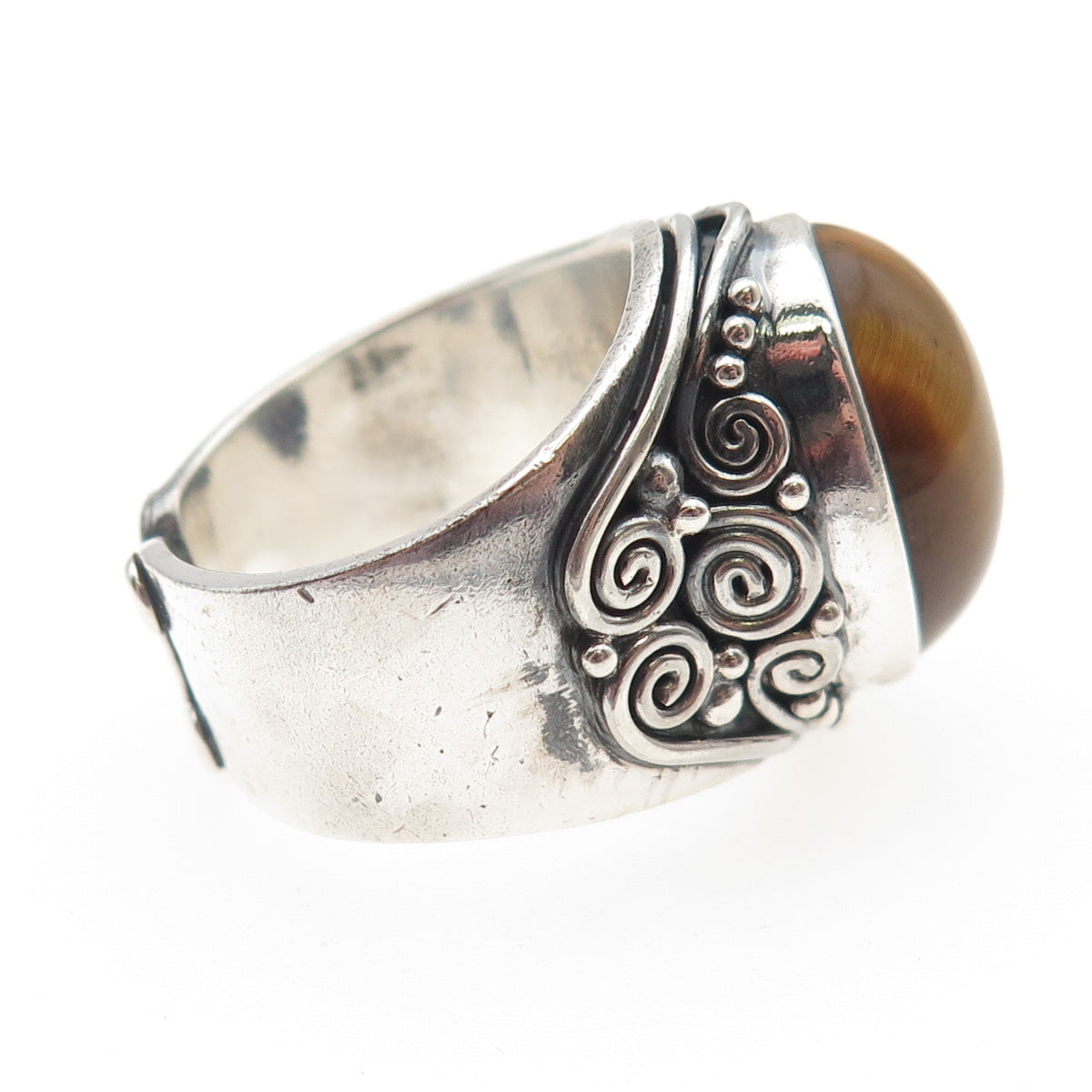 SAJEN 925 Sterling Silver Vintage Real Tiger Eye Swirl Adjustable Ring Size 8.75