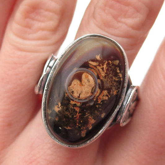Old Pawn 925 Sterling Silver Vintage Southwestern Agate Tribal Ring Size 10.75