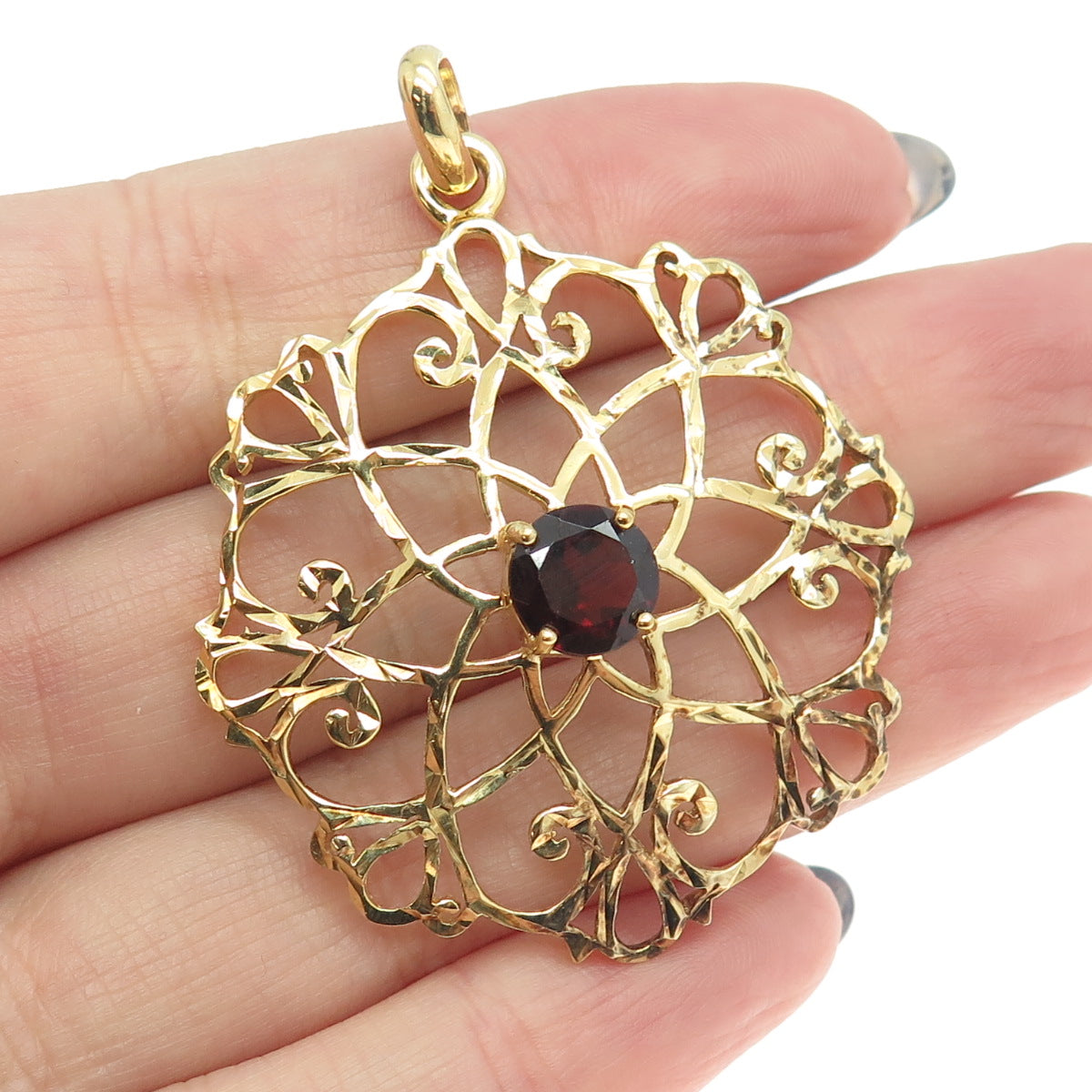 CHATEAU D'ARGENT 925 Sterling Silver Gold Plated Real Red Garnet Ornate Pendant