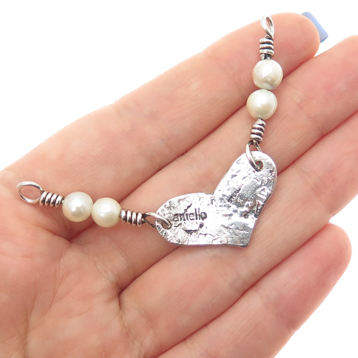Aniello 925 Sterling Vintage Real Pearl Heart Oxidized Centerpiece Necklace Part