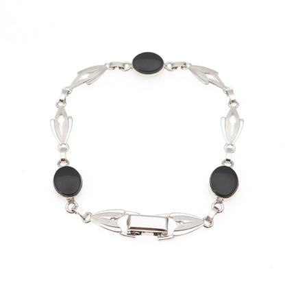 Van Dell 925 Sterling Silver Antique Art Deco Real Black Onyx Bracelet 7.25"