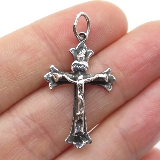 925 Sterling Silver Antique Art Deco Crucifix Cross Religious Oxidized Pendant