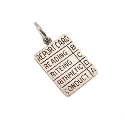 WELLS 925 Sterling Silver Vintage Report Card Oxidized Mini Charm Pendant