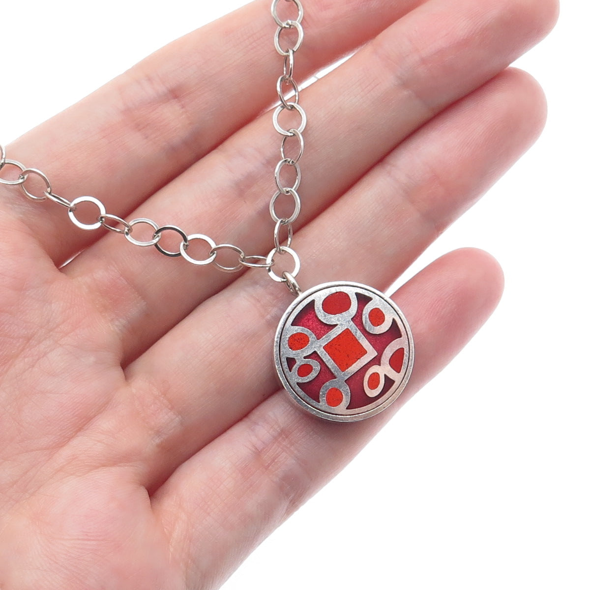 925 Sterling Silver Vintage Enamel Double Sided Pendant Rolo Chain Necklace 18"