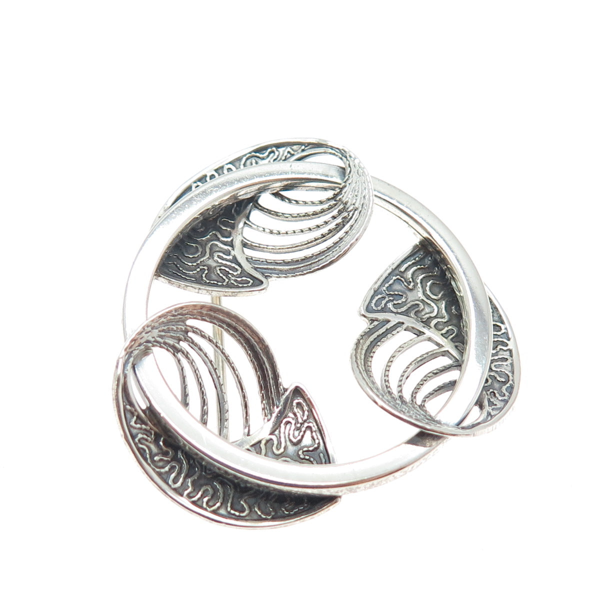 BEAU 925 Sterling Silver Vintage Modernist Filigree Floral Oxidized Pin Brooch