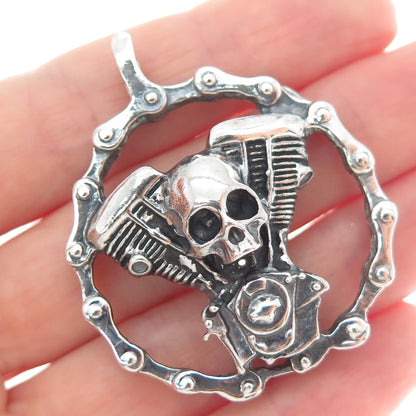 925 Sterling Silver Vintage Skull Biker Oxidized Pendant