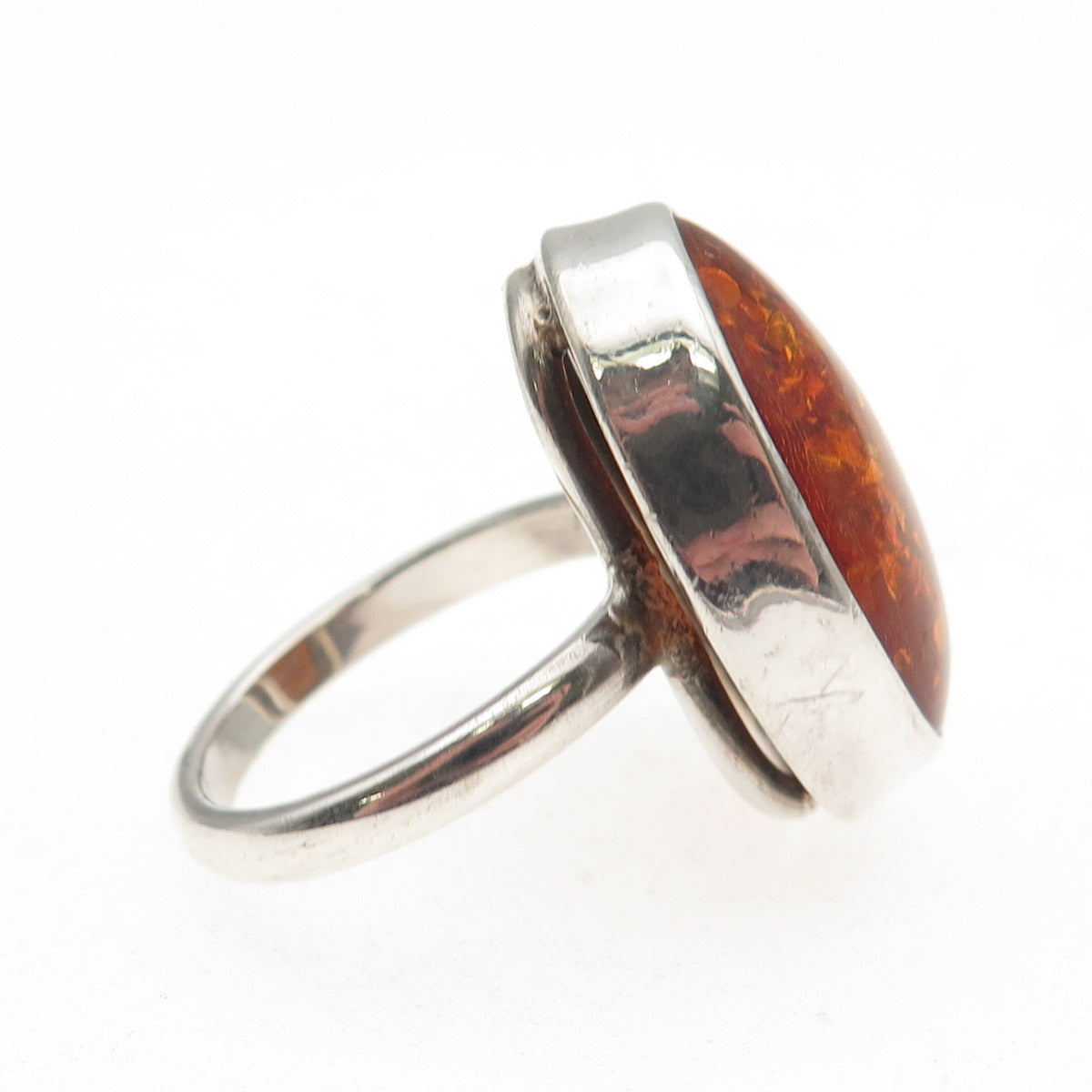 925 Sterling Silver Vintage Real Cabochon Amber Modernist Ring Size 8.5