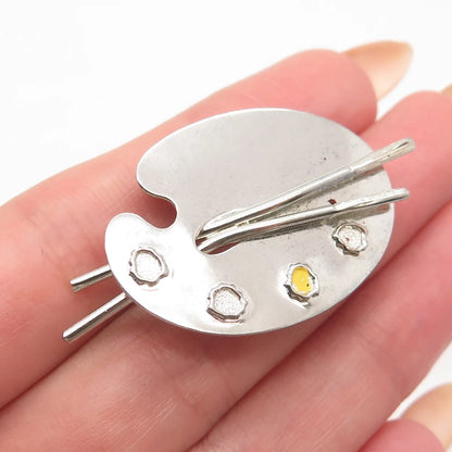 925 Sterling Silver Vintage BEAU Yellow Enamel Artist Palette & Brushes Brooch