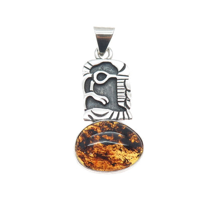 925 Sterling Silver Vintage Real Amber Aztec Symbol Oxidized Charm Pendant
