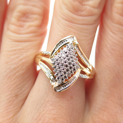 SUN 925 Sterling Silver Gold Plated Real Round-Cut Diamond Ring Size 7.25