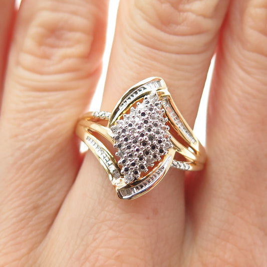 SUN 925 Sterling Silver Gold Plated Real Round-Cut Diamond Ring Size 7.25