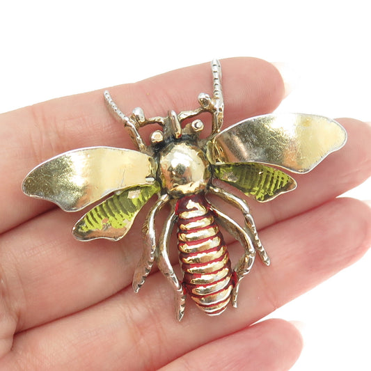 925 Sterling Silver Gold Plated Antique Art Deco Enamel Bee Pin Brooch