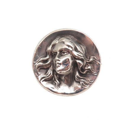 925 Sterling Silver Antique Art Deco Lady Cameo Repousse Oxidized Pin Brooch