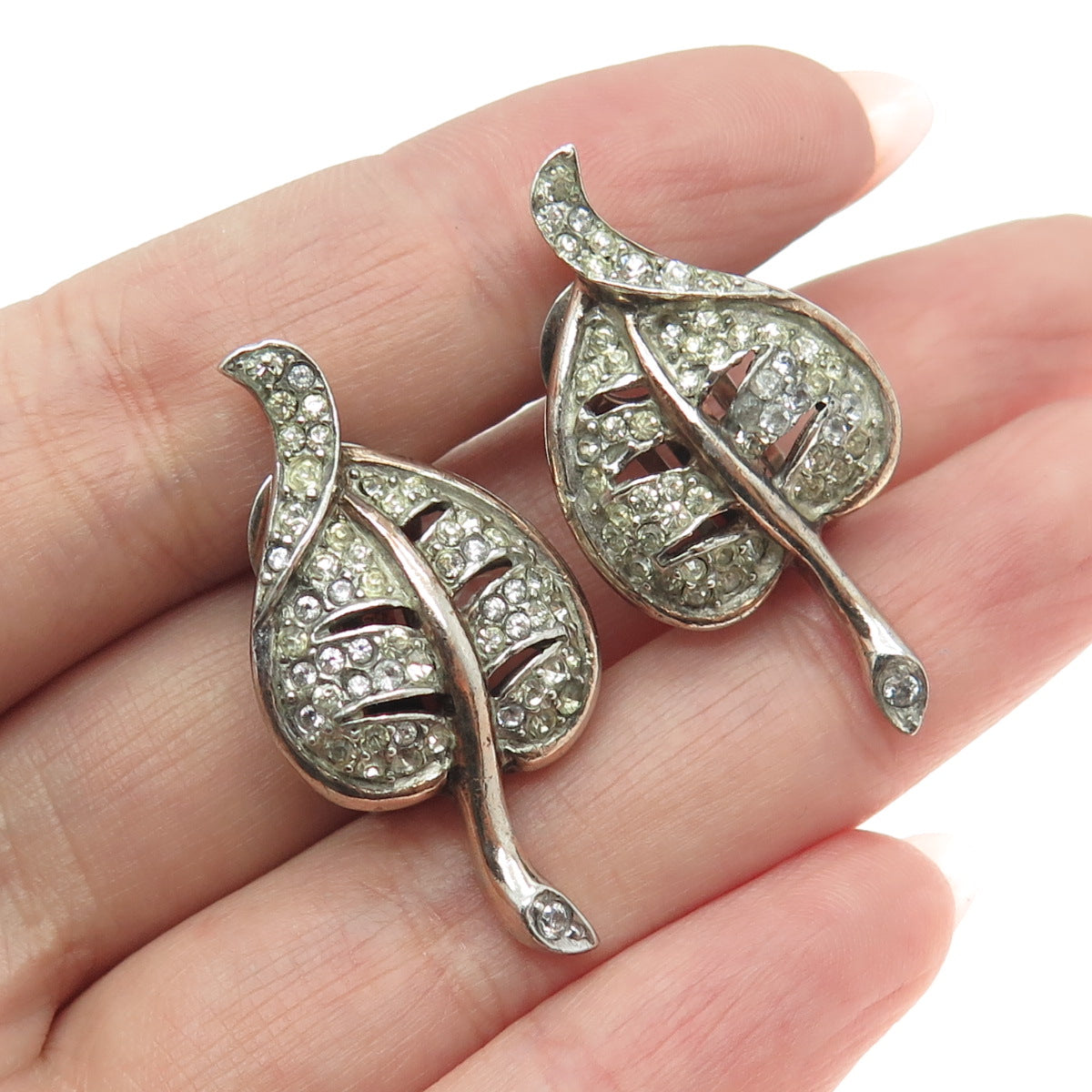 REJA 925 Sterling Silver Antique Art Deco Rhinestone Leaf Clip On Earring