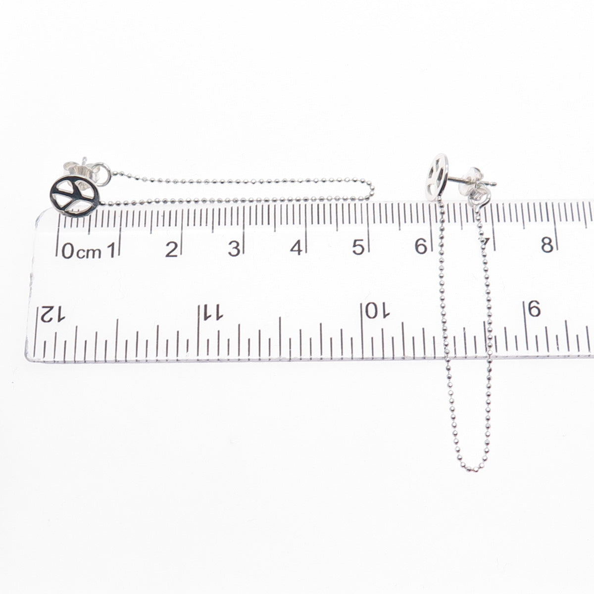 925 Sterling Silver Peace Symbol Ball Beaded Chain Dangle Earrings
