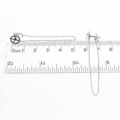 925 Sterling Silver Peace Symbol Ball Beaded Chain Dangle Earrings