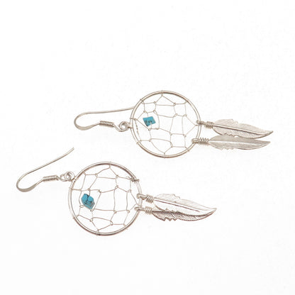 Old Pawn 925 Sterling Silver Vintage Turquoise Dreamcatcher Dangle Earrings