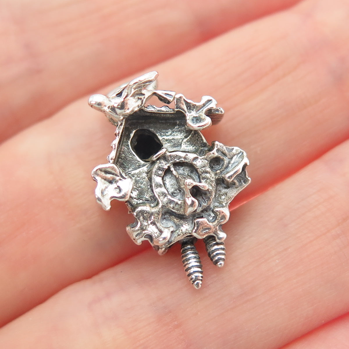 DANECRAFT Sterling Silver Antique Cuckoo Clock Oxidized Minimalist Charm Pendant