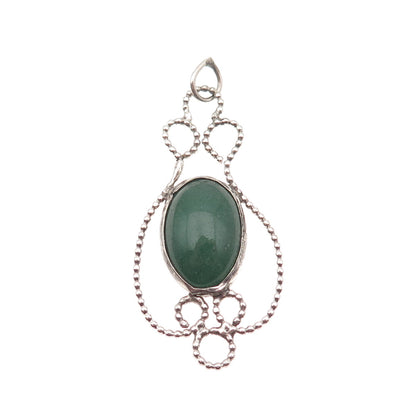 925 Sterling Silver Vintage Real Cabochon Aventurine Ornate Charm Pendant