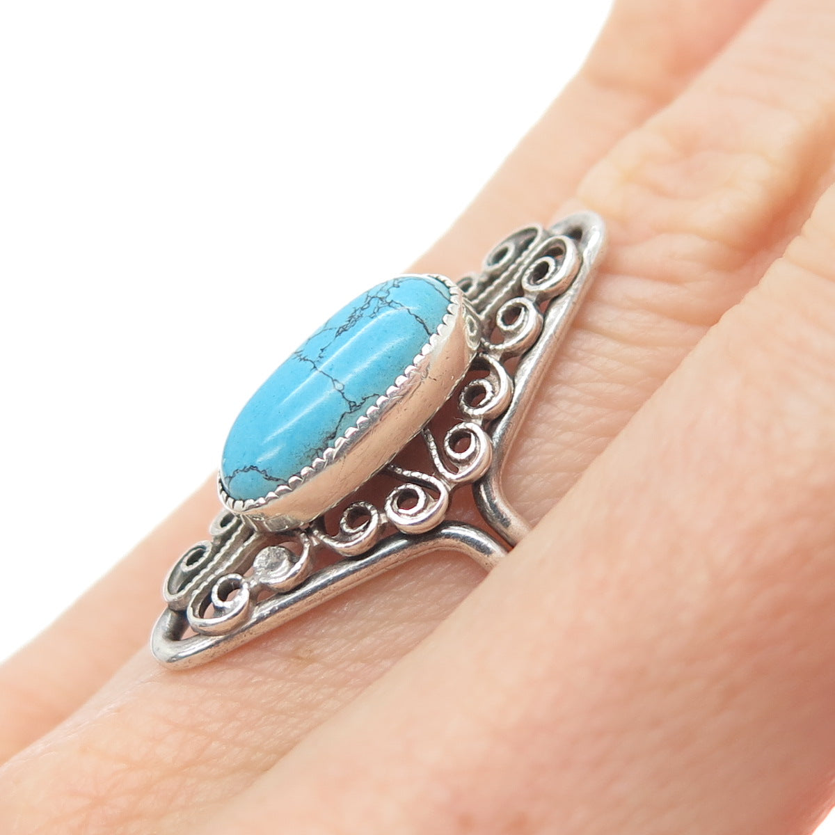 BEAU Sterling Silver Antique Tyrone Turquoise Filigree Adjustable Ring Size 6