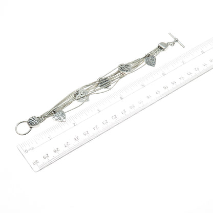 SHUBE 925 Sterling Silver Vintage Heart Multi-Strand Liquid Chain Bracelet 6.75"