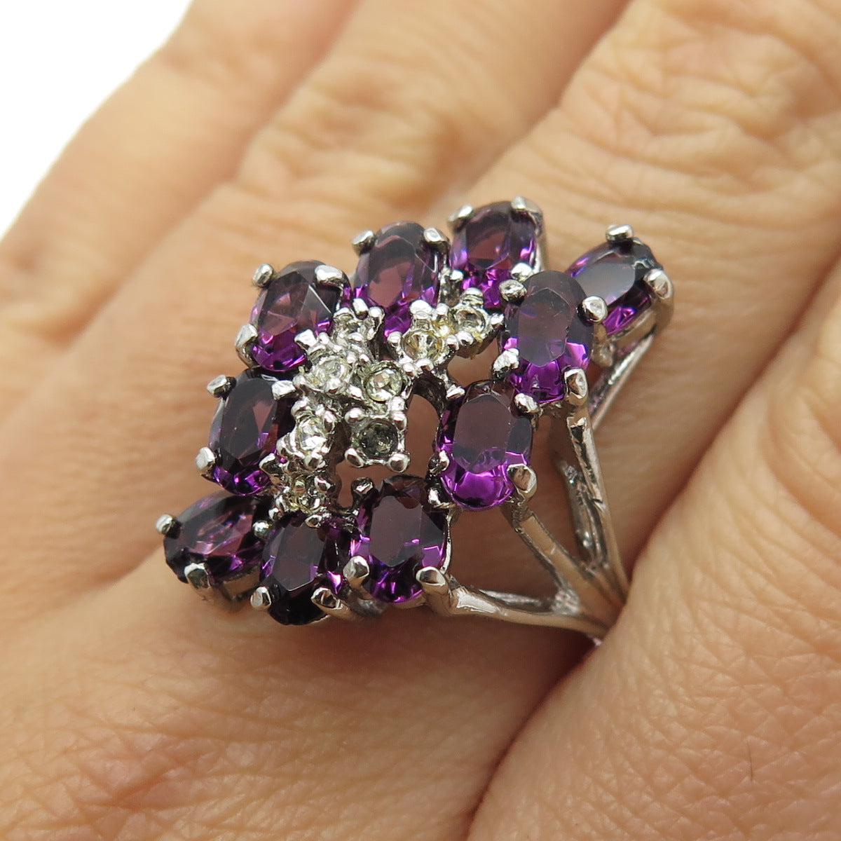 925 Sterling Vintage Amethyst & Rhinestone Ring Size 9.25 (missing 5 stones)