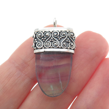 925 Sterling Silver Vintage Purple Green Fluorite Gem Swirl Amulet Pendant