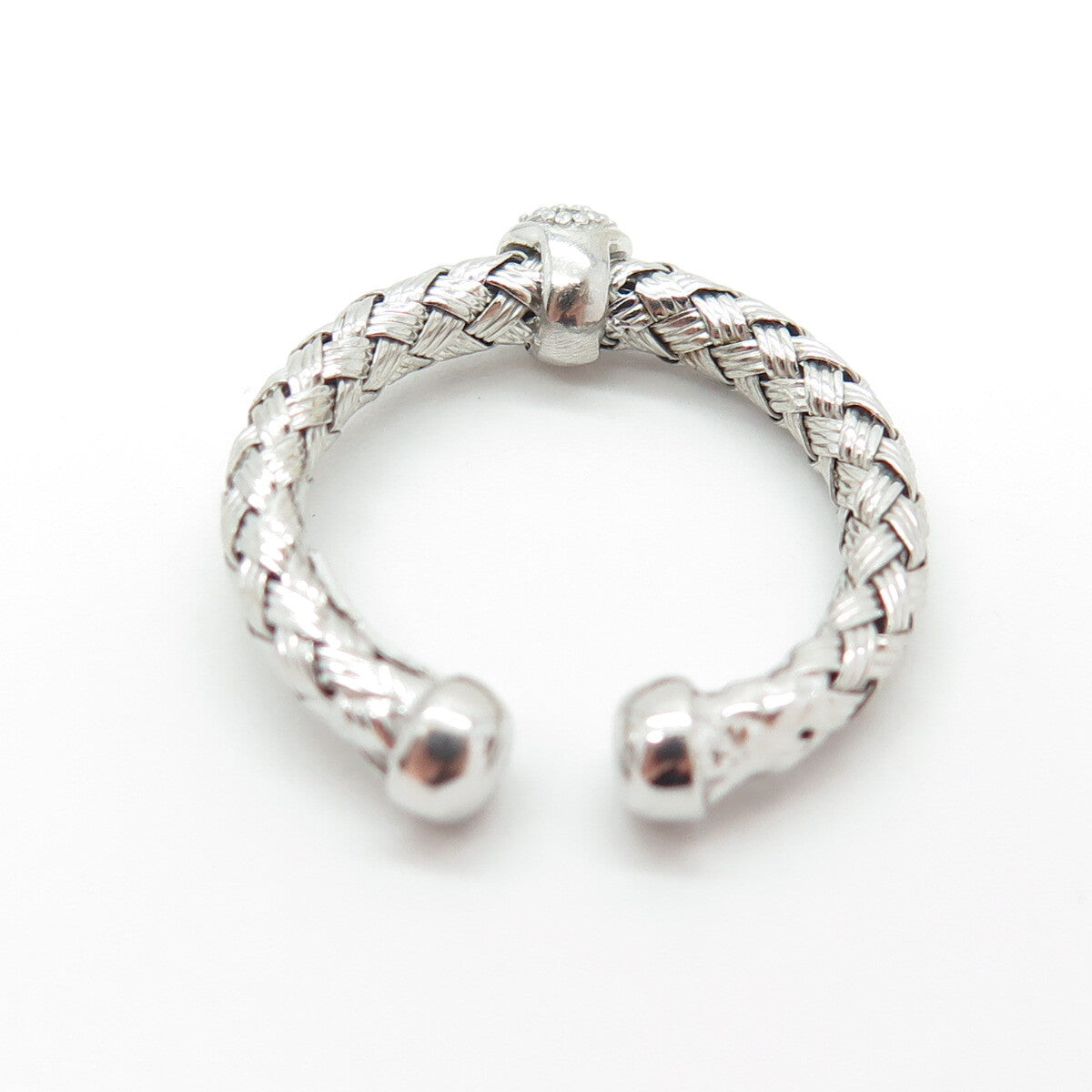 925 Sterling Silver Real Round-Cut Diamond Braided Adjustable Ring Size 4.5