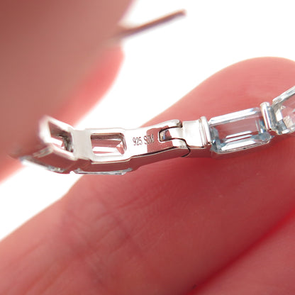 925 Sterling Silver Real Emerald-Cut Blue Topaz Hoop Earrings