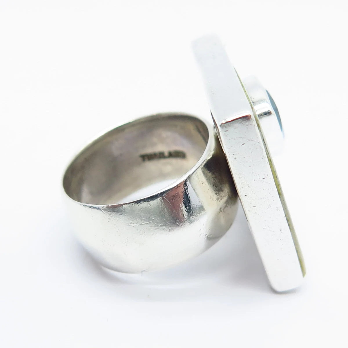 925 Sterling Silver Vintage Real Mother-of-Pearl & Aquamarine Gem Ring Size 5.5