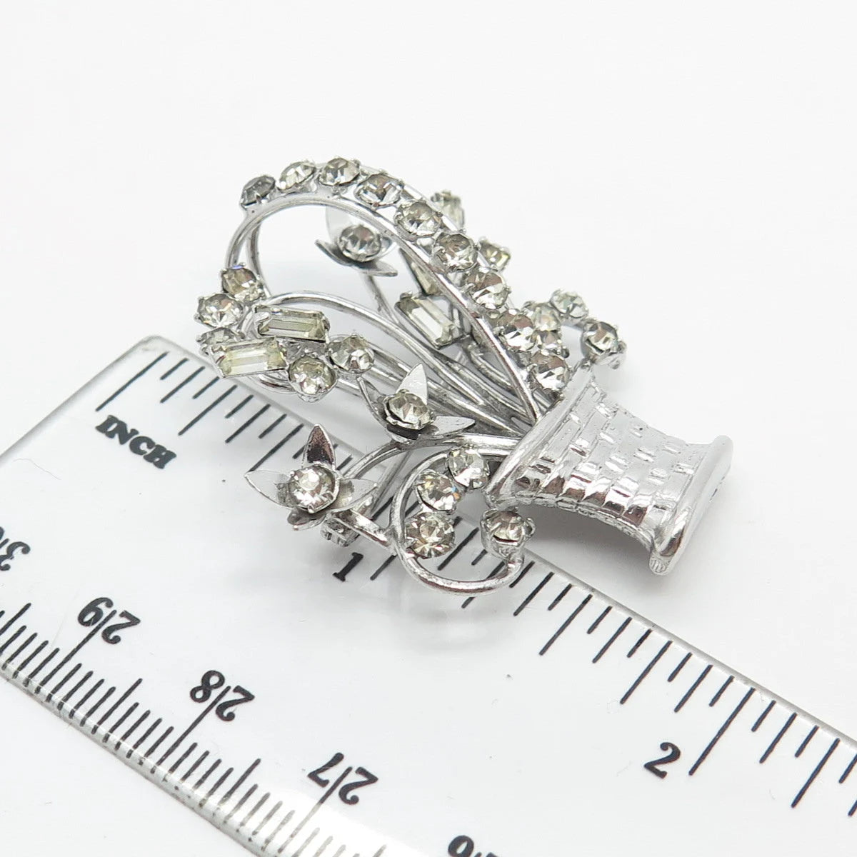 925 Sterling Silver Vintage Carl Art Rhinestone Floral Basket Pin Brooch