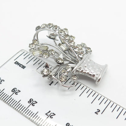 925 Sterling Silver Vintage Carl Art Rhinestone Floral Basket Pin Brooch