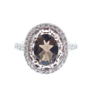 925 Sterling Silver Real Oval-Cut Smoky Quartz & Round-Cut C Z Ring Size 6.75
