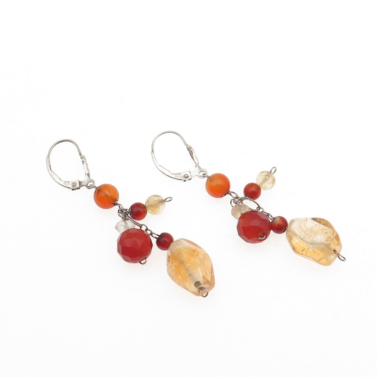 925 Sterling Silver Vintage Real Carnelian Clear Quartz Citrine Beaded Earrings
