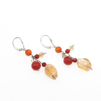 925 Sterling Silver Vintage Real Carnelian Clear Quartz Citrine Beaded Earrings